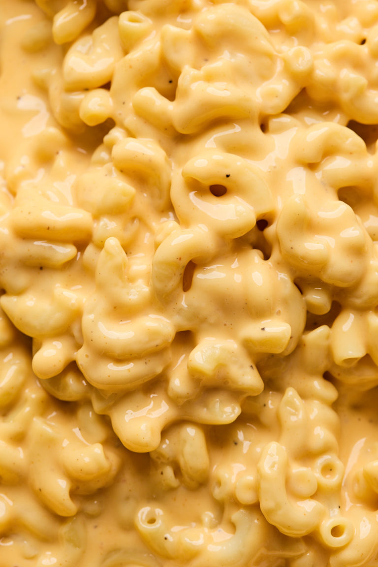 A close up of homemade velvetta mac and cheese ready to serve