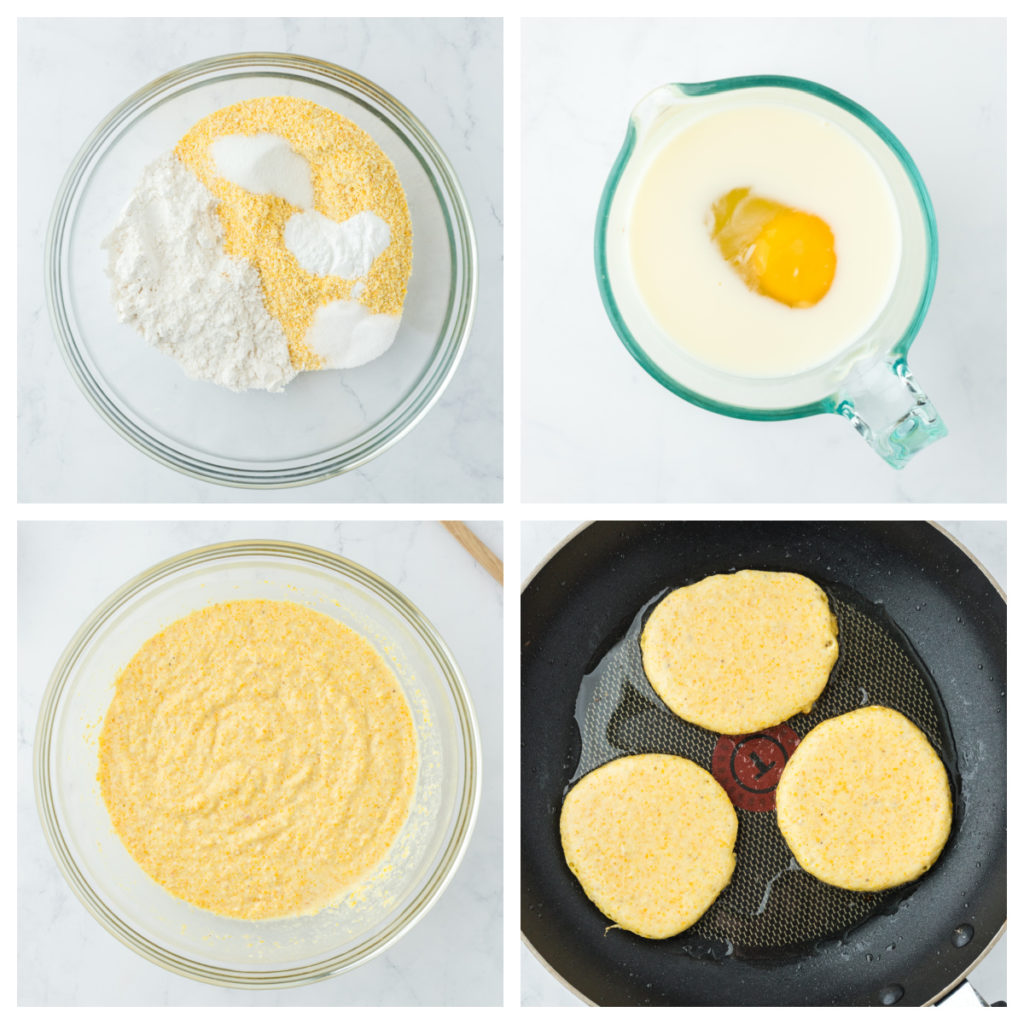 A collage of frying cornbread pancakes and how to make them