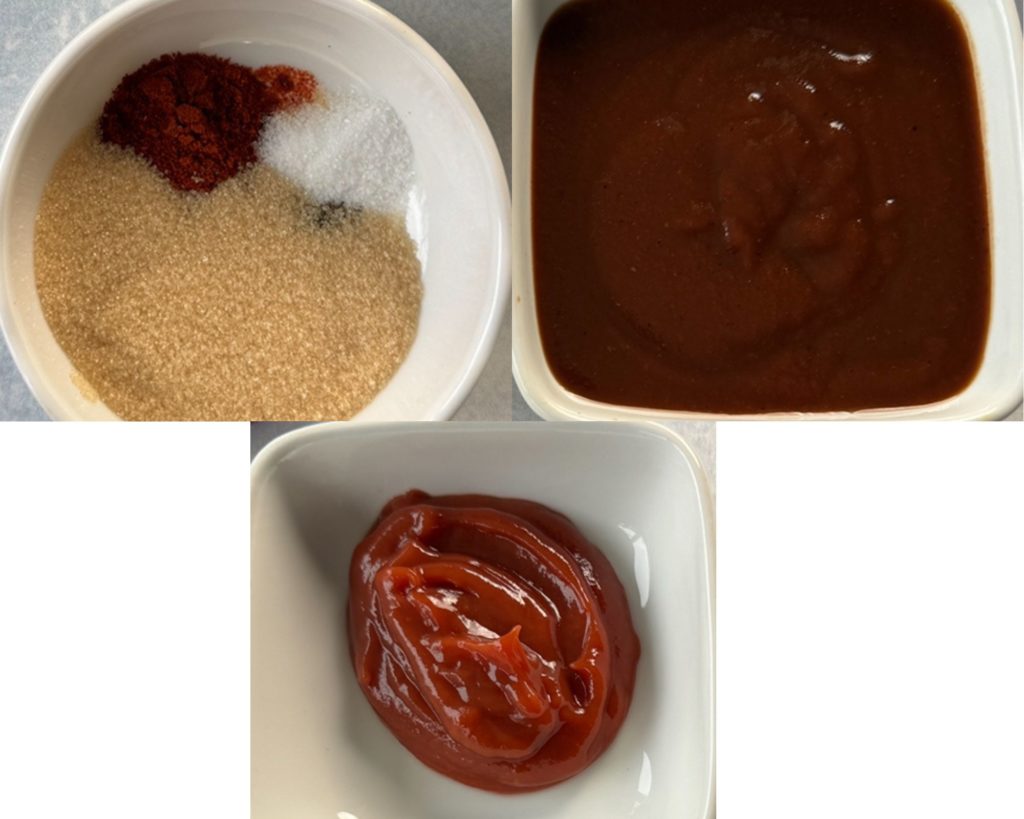 ketchup, brown sugar, chili powder, and BBQ sauce in separate white bowls