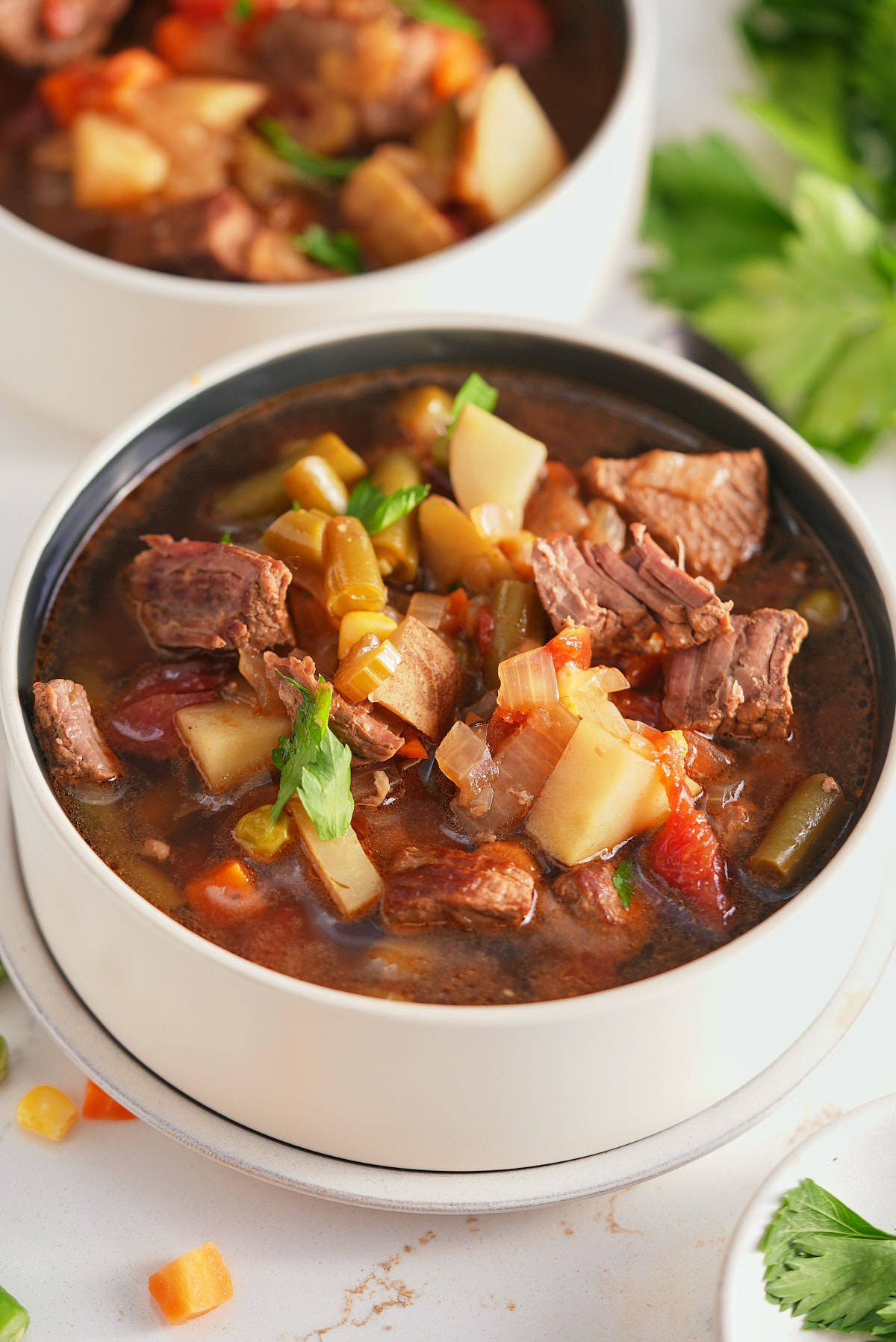 vegetable beef soup in bowl