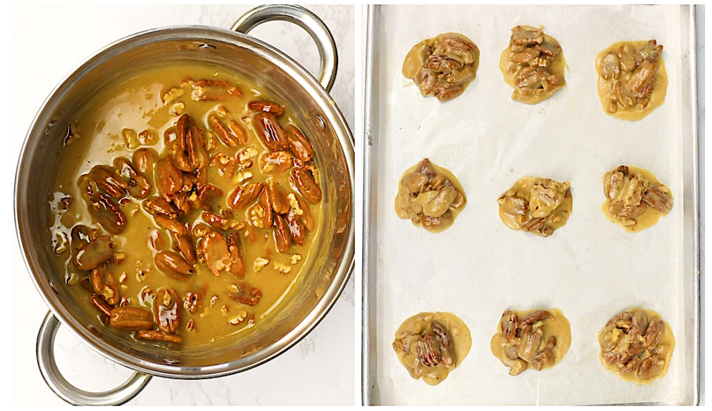 Stir and form the pralines on a parchment-paper-lined baking sheet to cool