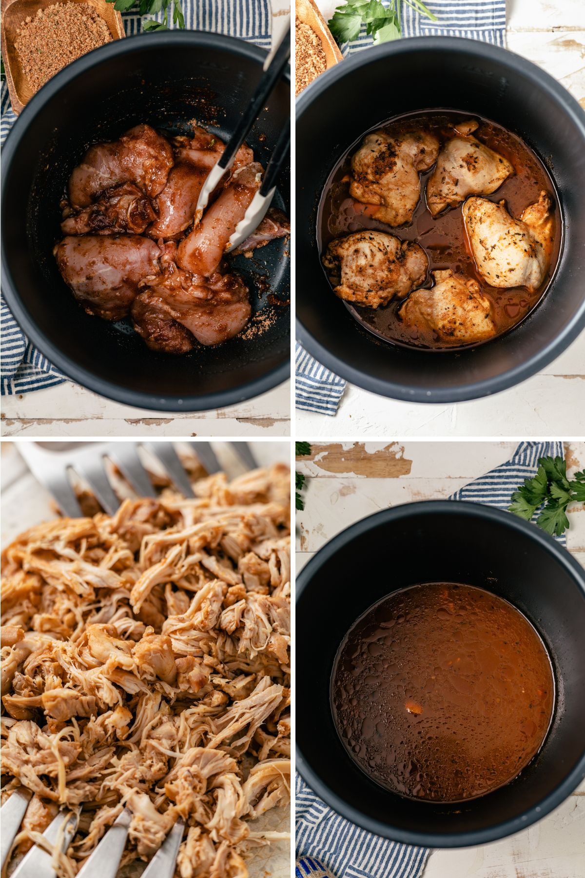 A four-step photo collage showing the process of making Pulled BBQ Chicken in an Instant Pot, from seasoning the chicken to the final, savory dish.