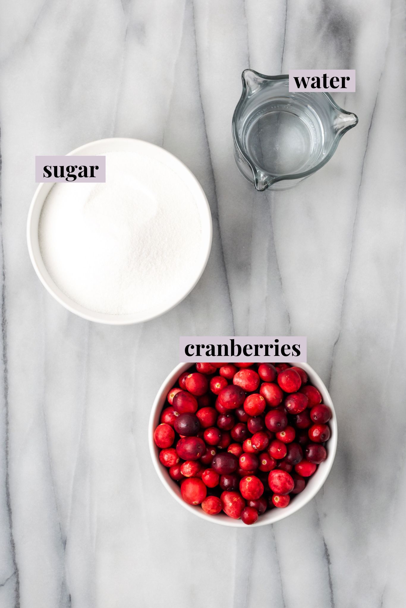 Overhead view of ingredients for sugared cranberries with labels