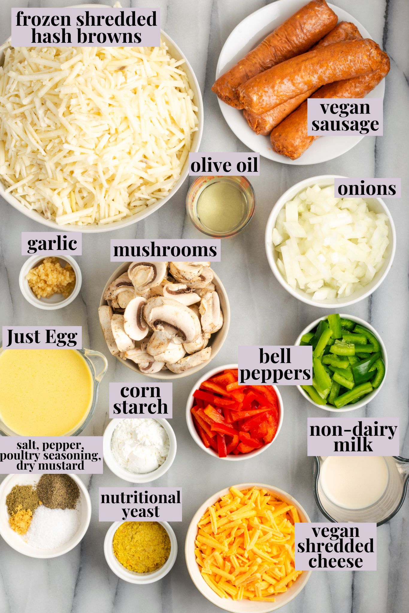 Overhead view of ingredients for hashbrown breakfast casserole with labels