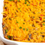 Top down view of hashbrown breakfast casserole in dish