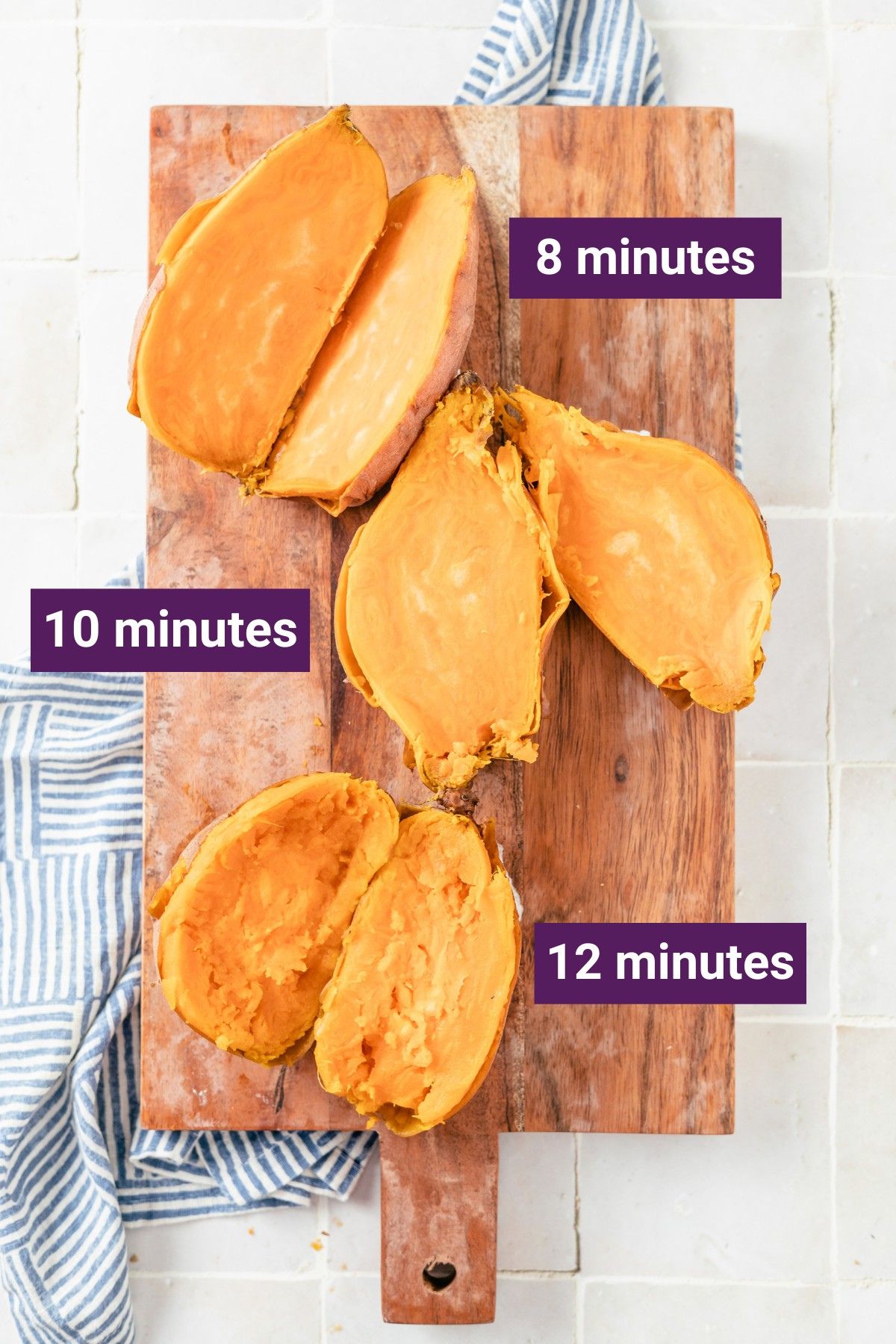 Instant Pot Sweet Potatoes cooked in different times to show long to cook a sweet potato in an instant pot