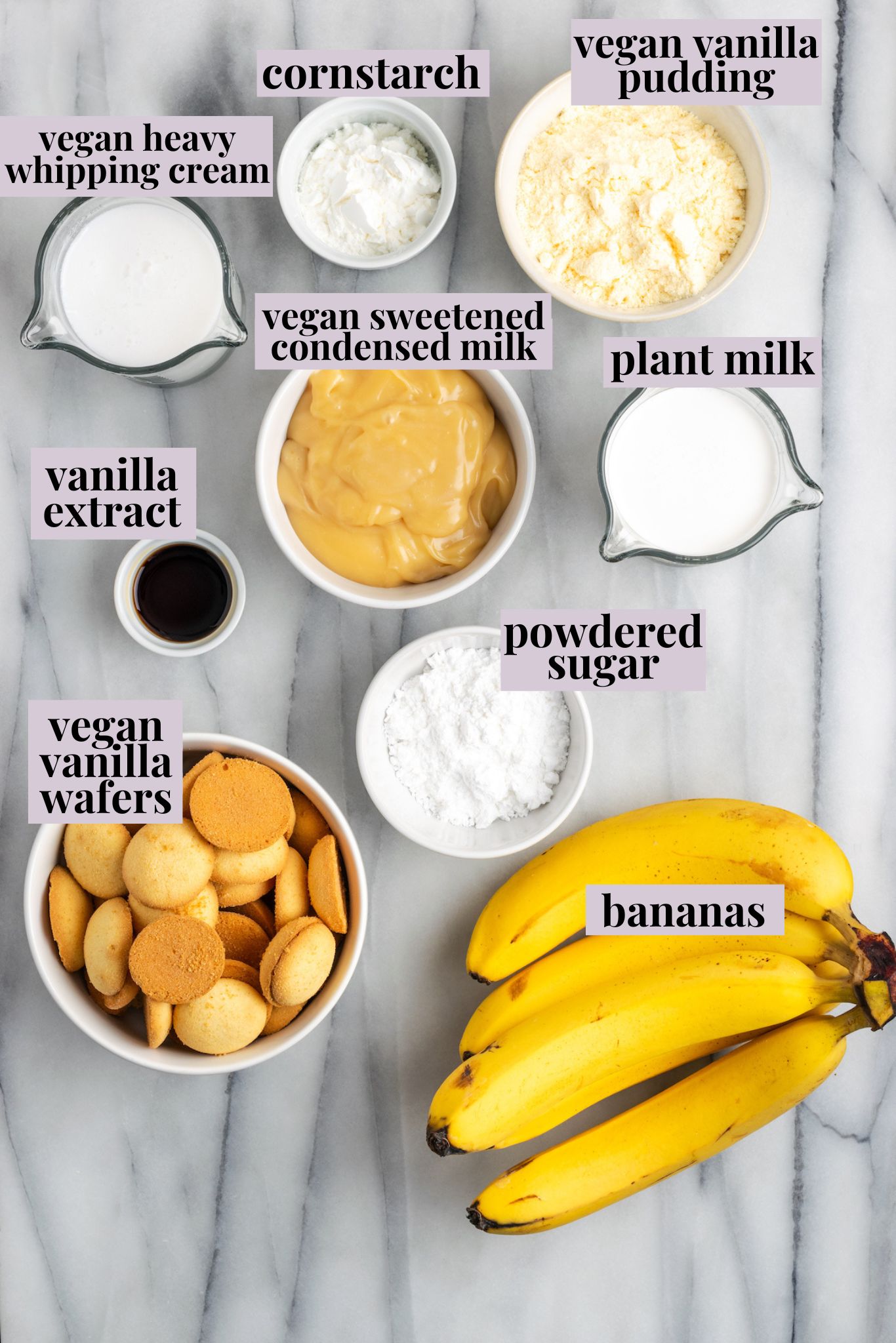 Overhead view of vegan banana pudding ingredients with labels