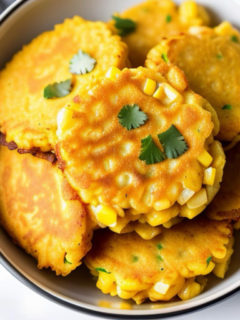overhead shot of corn fritters garnished with fresh parsley