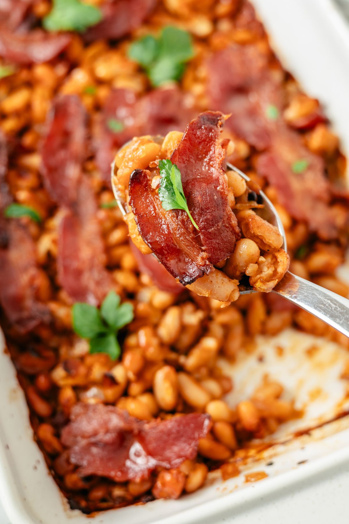 Spoonful of delicious Baked Beans with Canned Beans, showcasing a hearty blend of savory flavors and wholesome ingredients.
