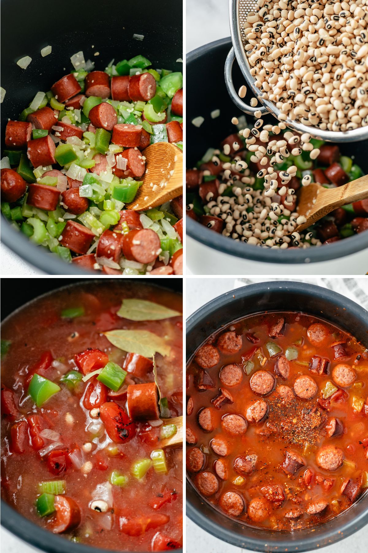 Step-by-step guide to creating delicious Black Eyed Pea Soup in an instant pot: 1. Sautéing savory ingredients in olive oil, 2. Simmering a medley of smoked sausage, vegetables, and garlic, 3. Adding fire-roasted tomatoes and dried black-eyed peas, 4. Seasoning with homemade Cajun spices and simmering to perfection