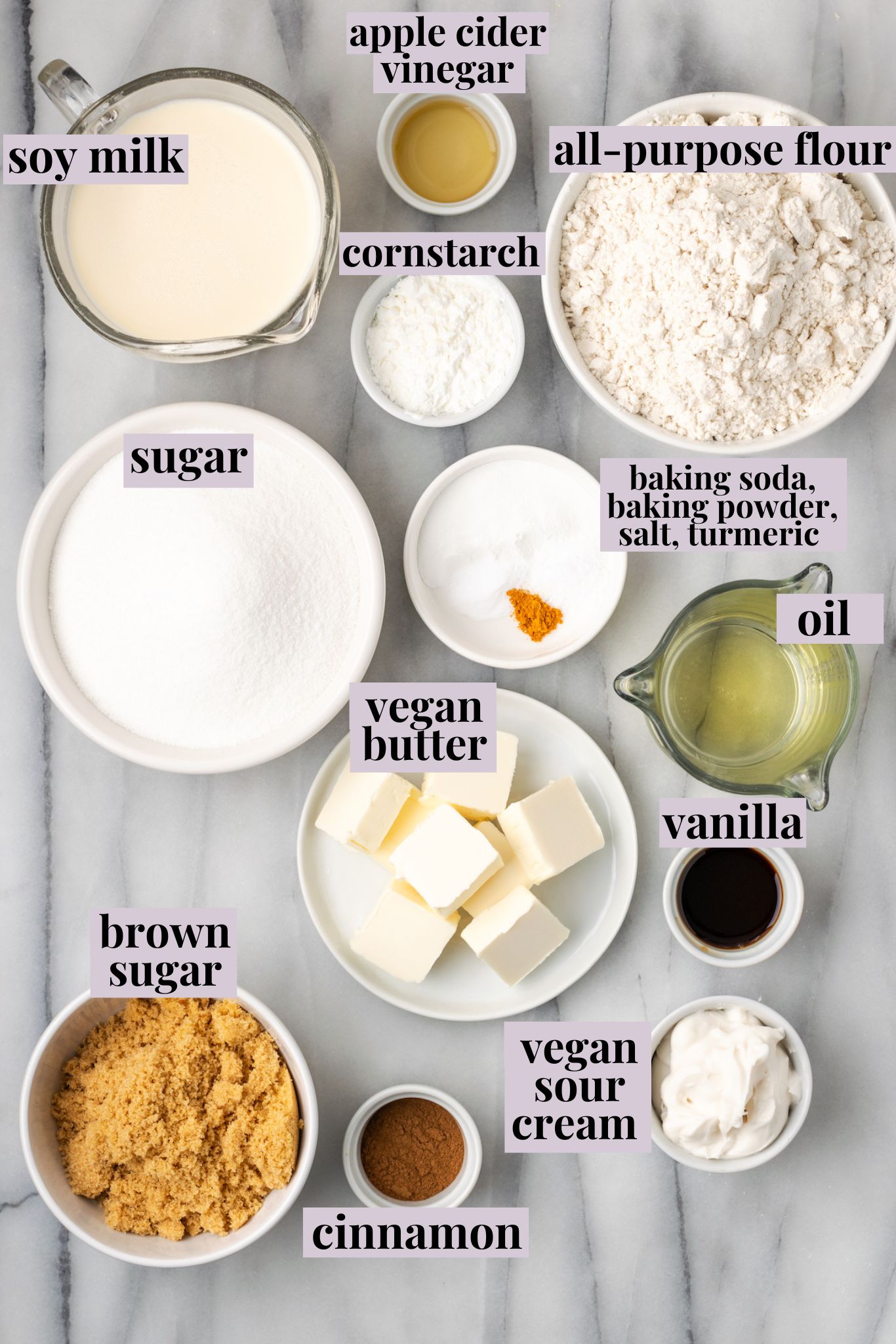 Overhead view of ingredients for honeybun cake with labels