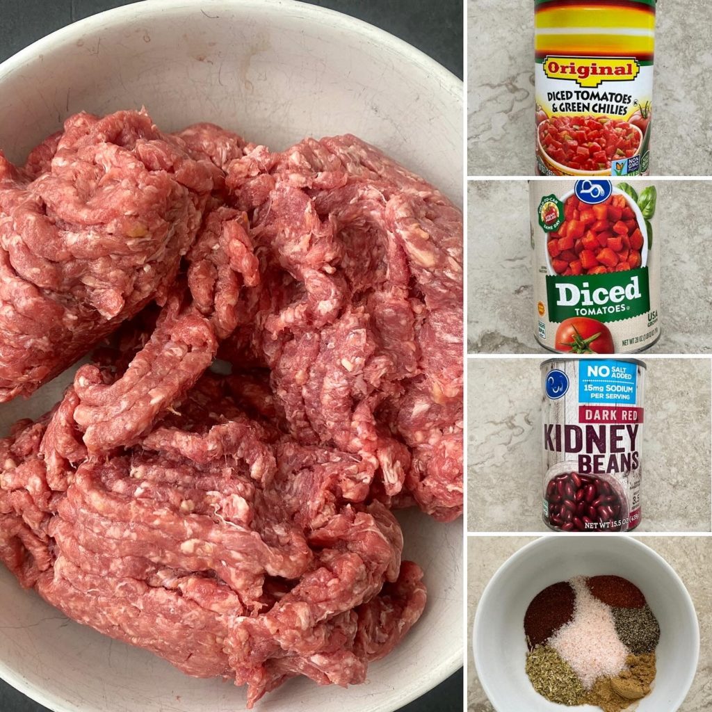 collage of ingredients for beef chili