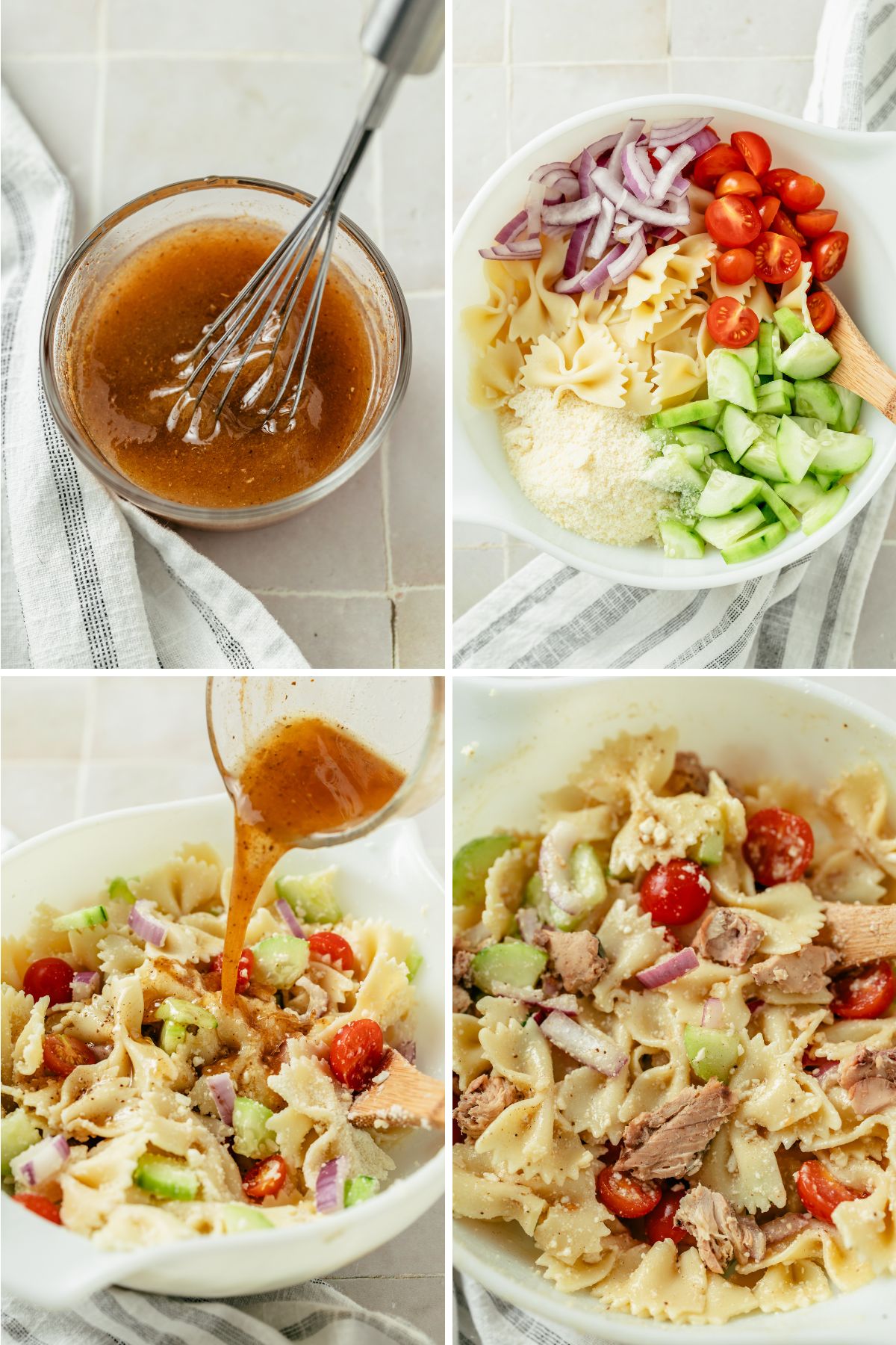 Photo series showing how to make Canned Salmon Pasta Salad