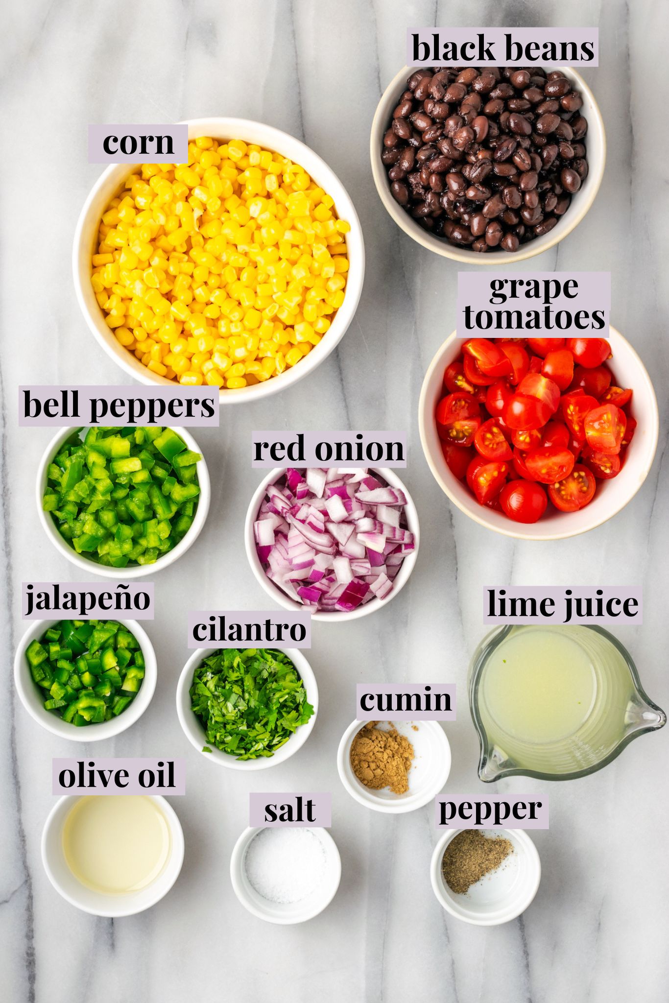 Overhead view of corn salsa ingredients with labels