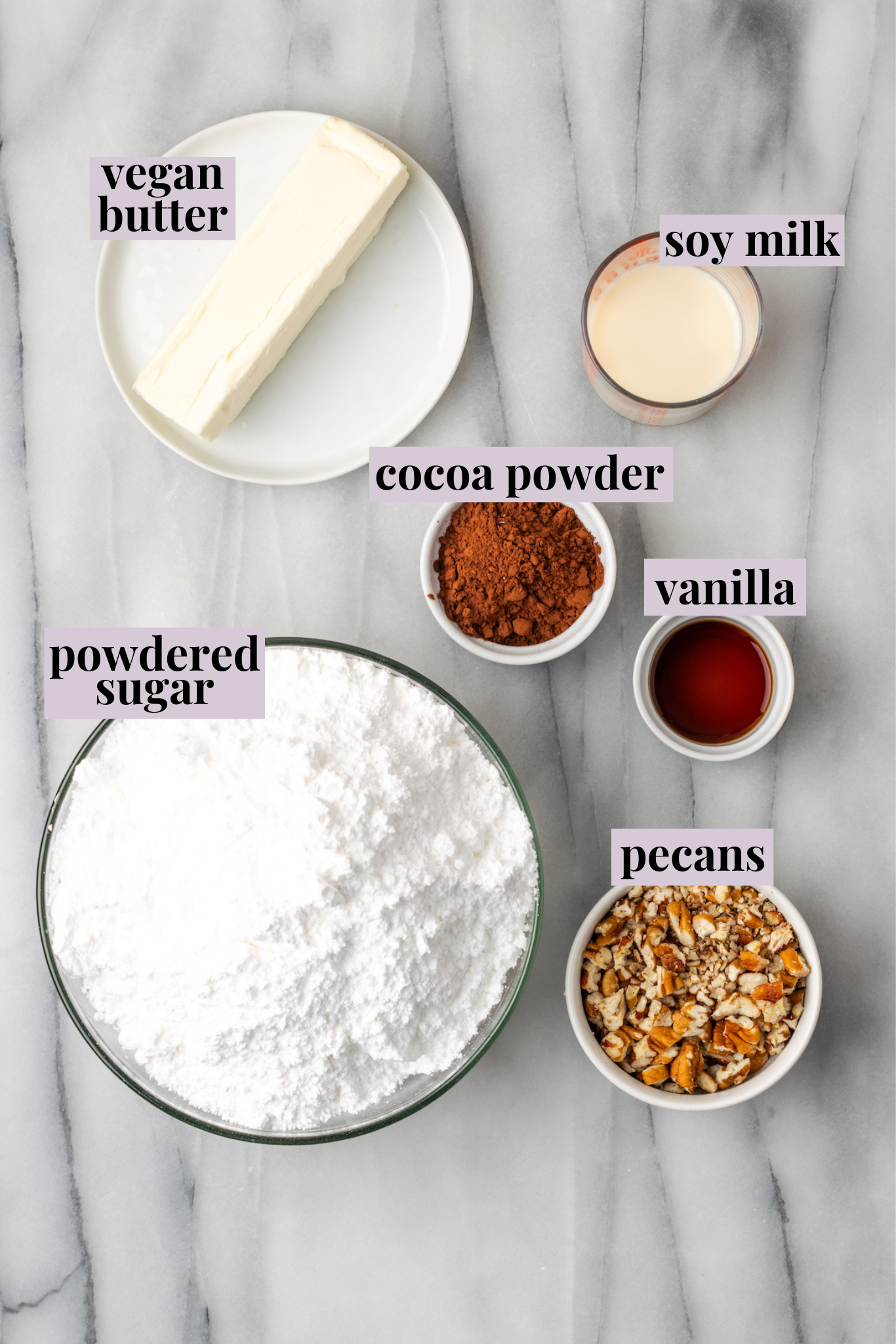 Overhead view of ingredients for Texas sheet cake frosting with labels