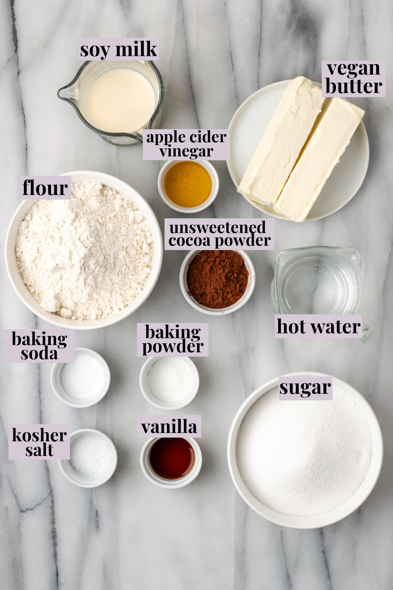 Overhead view of ingredients for Texas sheet cake with labels