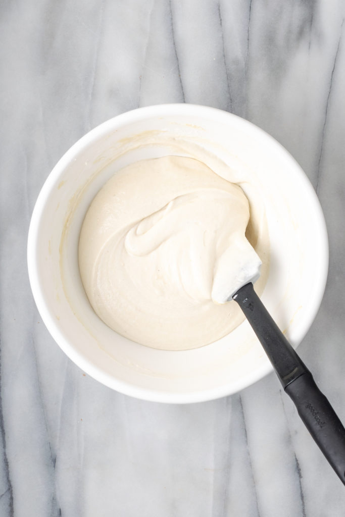 Overhead view of cream cheese mixture in bowl