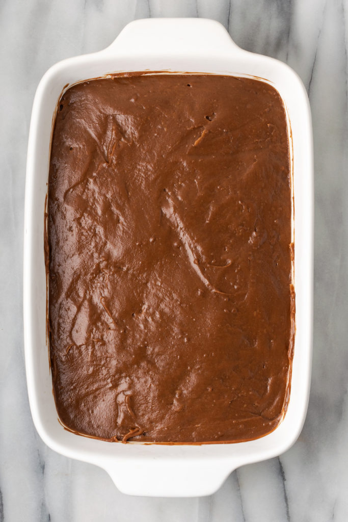 Overhead view of chocolate pudding layer for chocolate delight