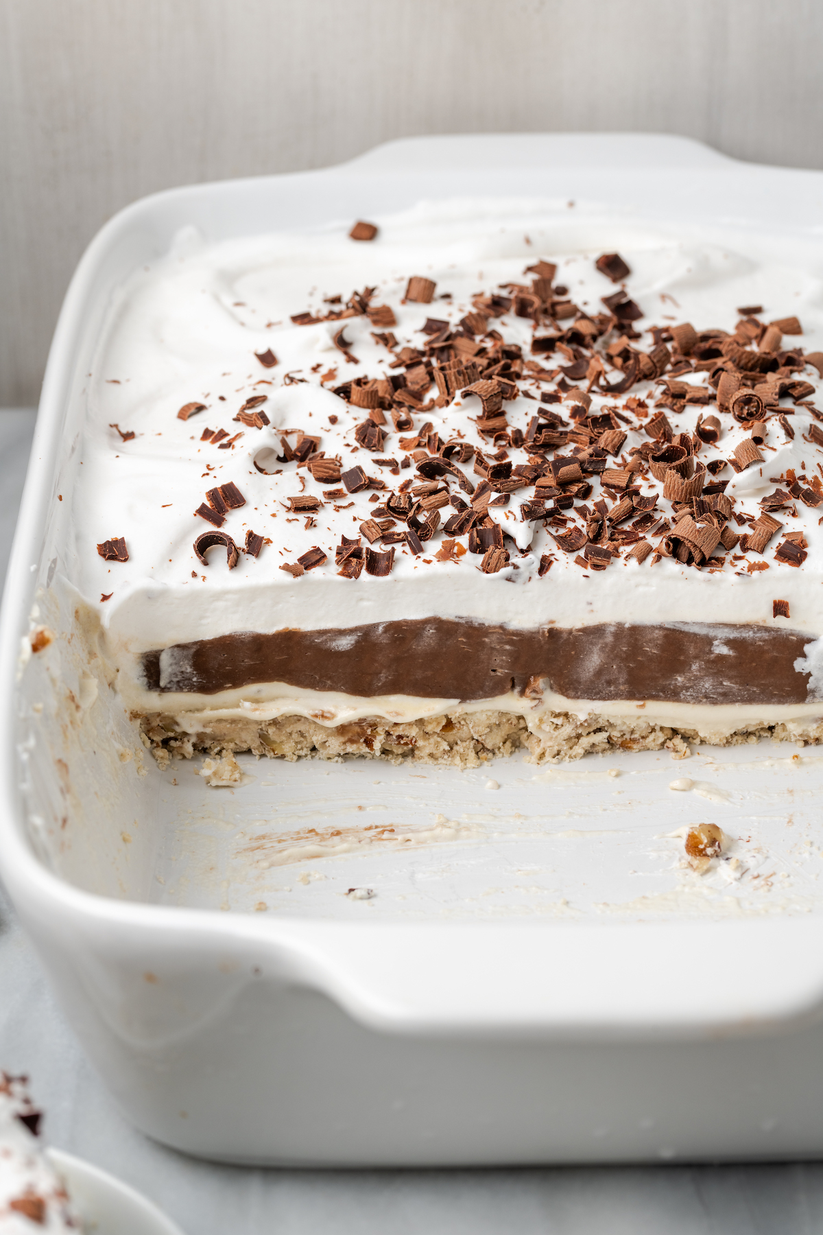Layered chocolate delight in baking dish
