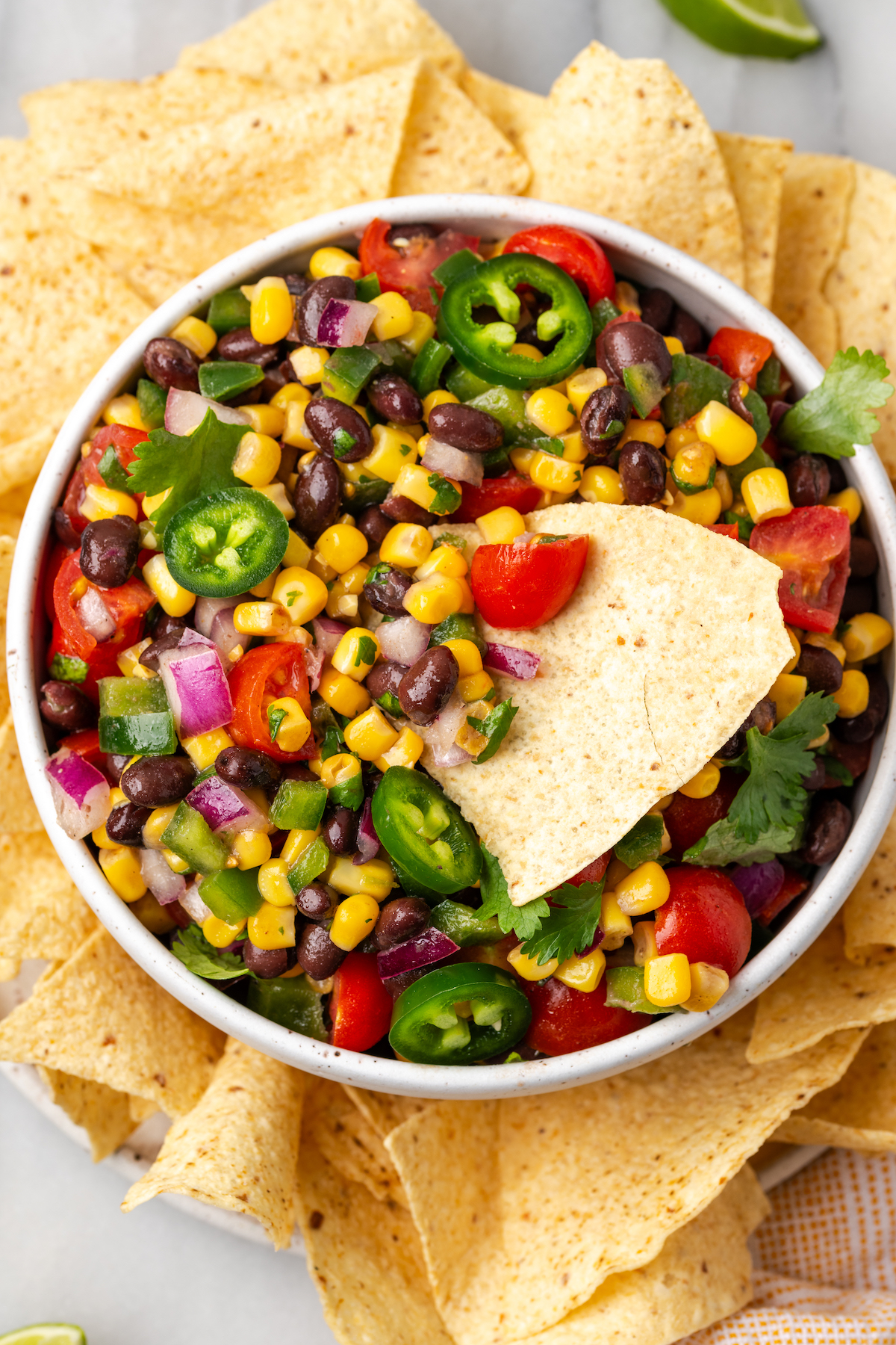 Overhead view of corn salsa with black beans