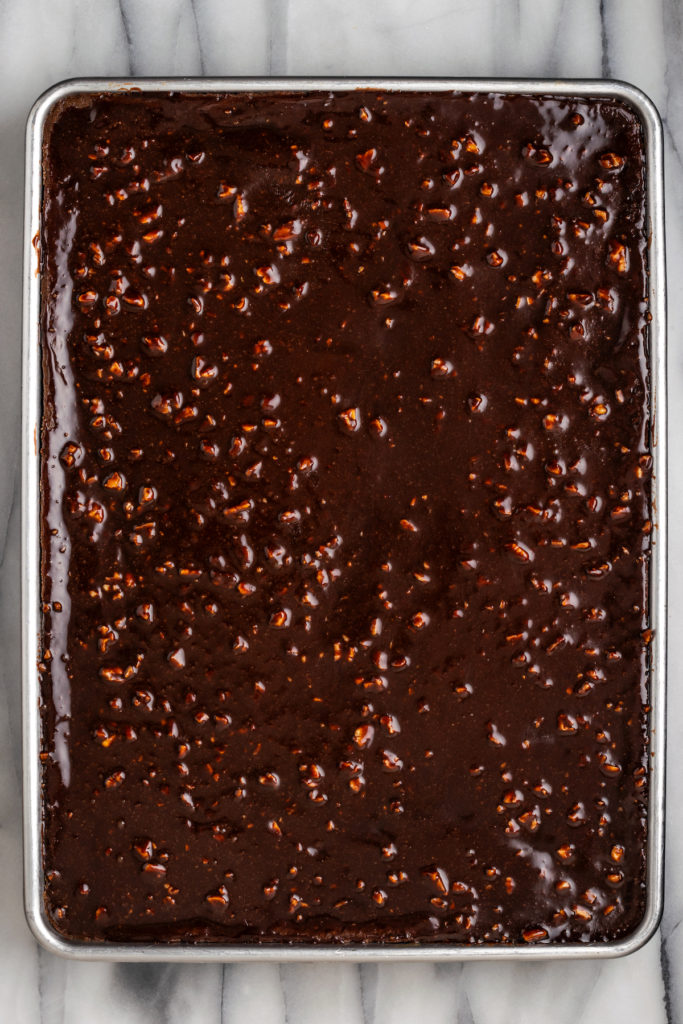 Overhead view of frosted Texas sheet cake