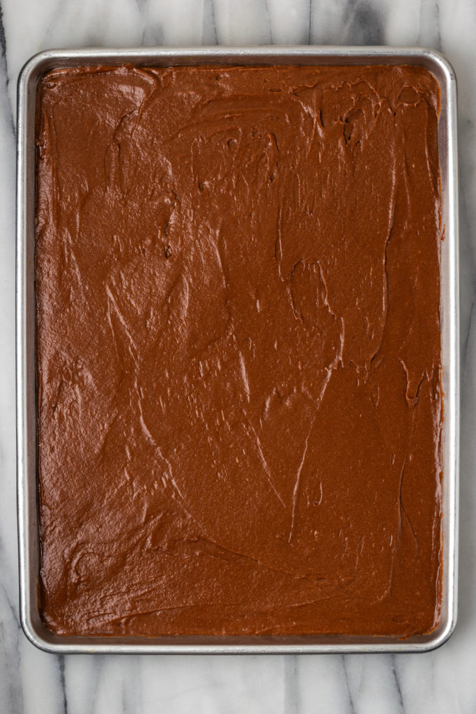 Overhead view of unbaked Texas sheet cake