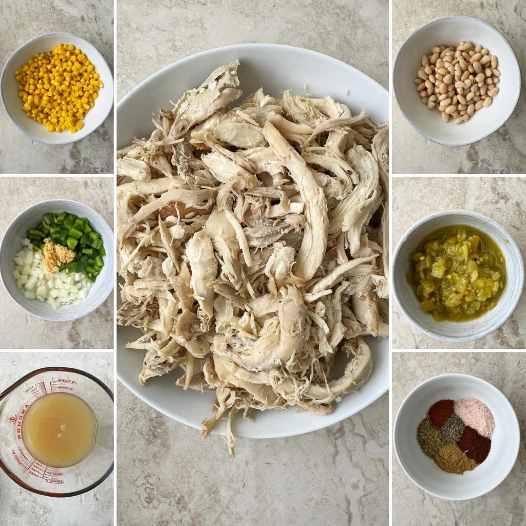 collage of ingredients for white chicken chili