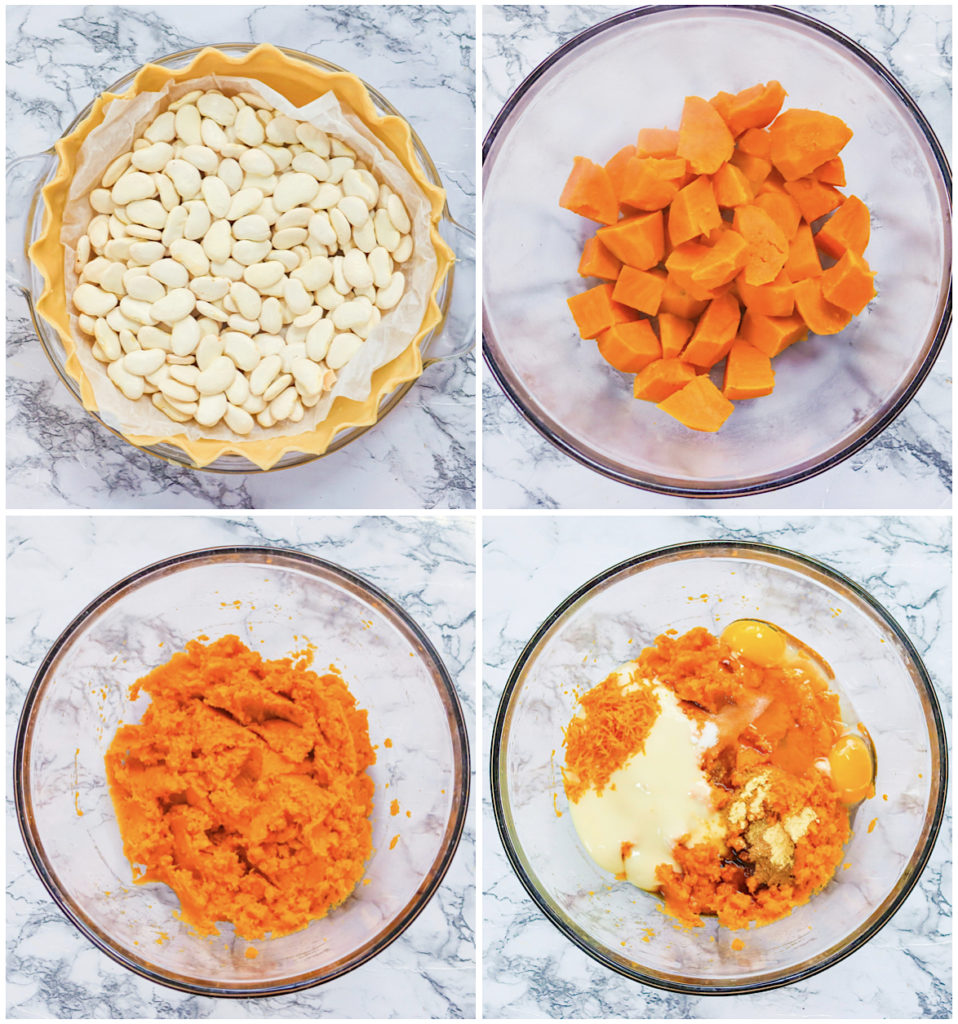 Prep the crust, cook and mash the California yams, and mix the filling