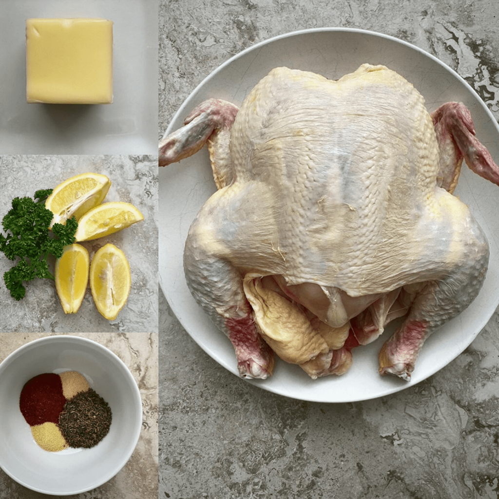 collage of ingredients for roasted chicken