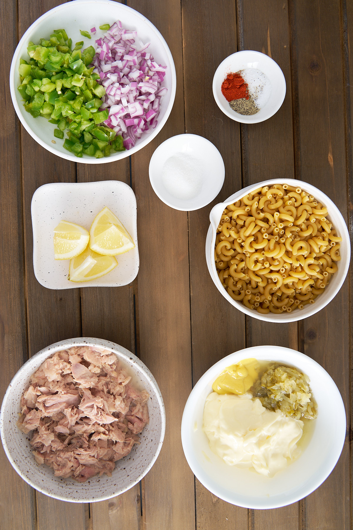 tuna macaroni salad ingredients laid out on table