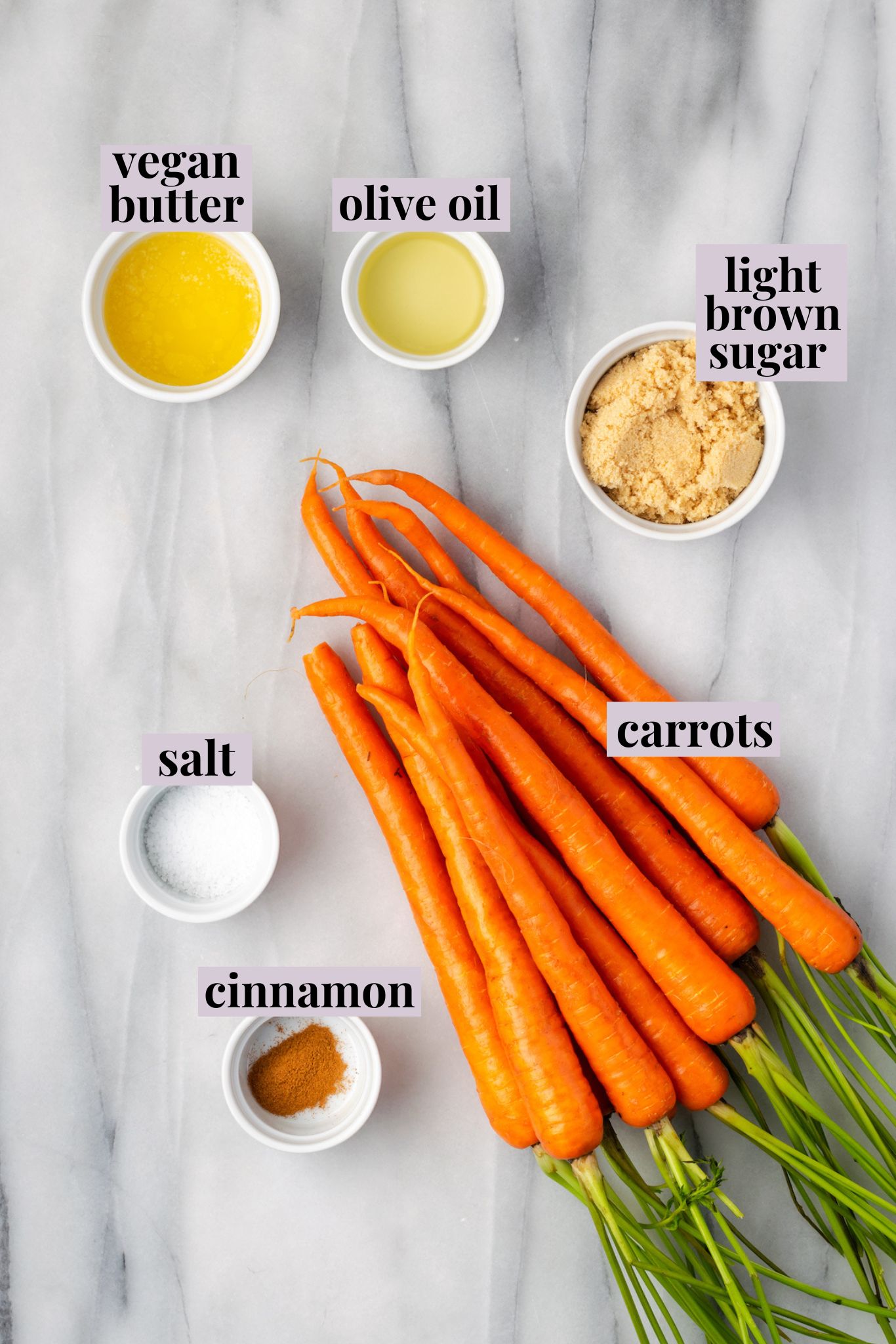 Overhead view of ingredients for brown sugar glazed carrots with labels