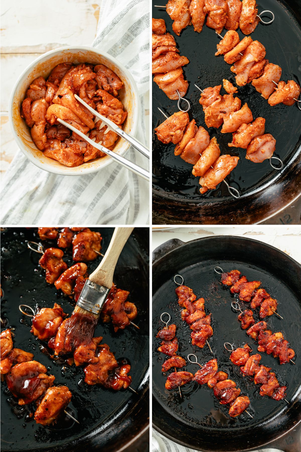 4 steps in cooking Chicken on Skewers in the cast iron skillet