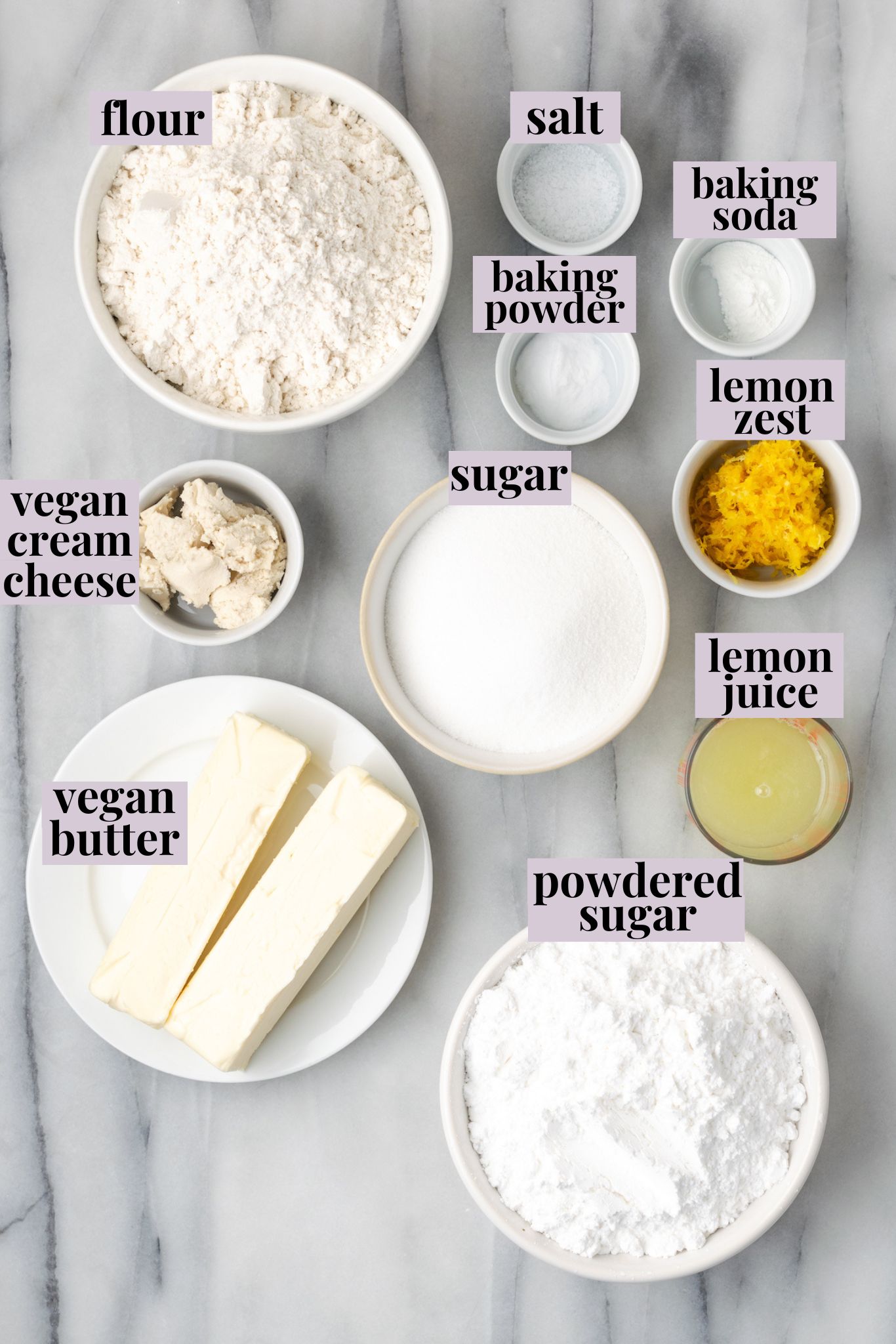 Overhead view of ingredients for lemon cookies with labels