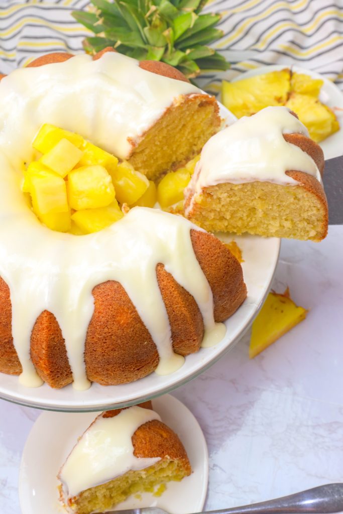 Slicing and serving satisfying pineapple pound cake