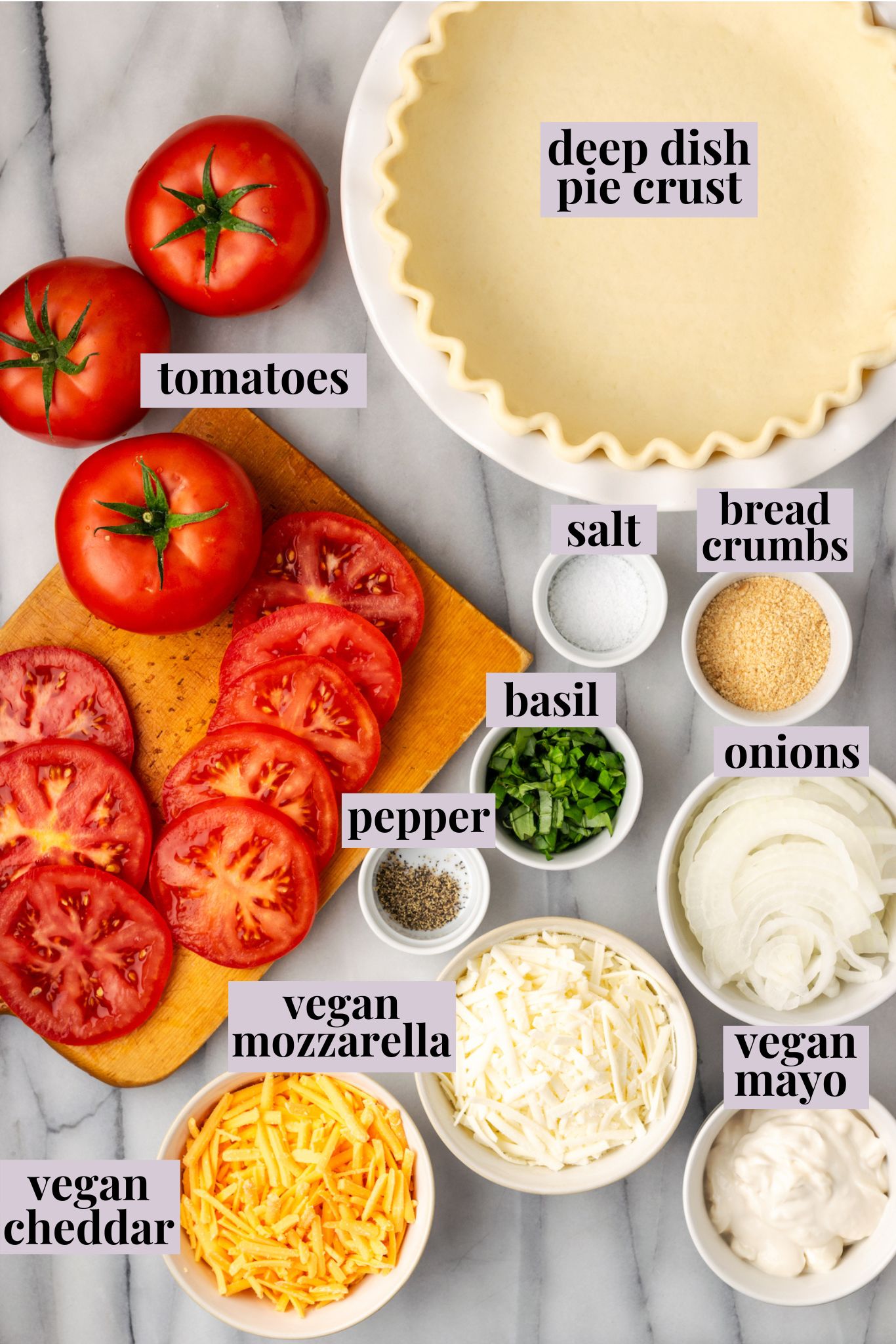Overhead view of ingredients for Southern tomato pie