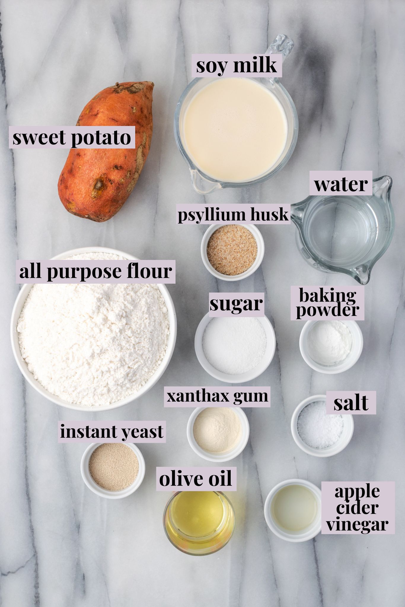 Overhead view of ingredients for sweet potato rolls with labels