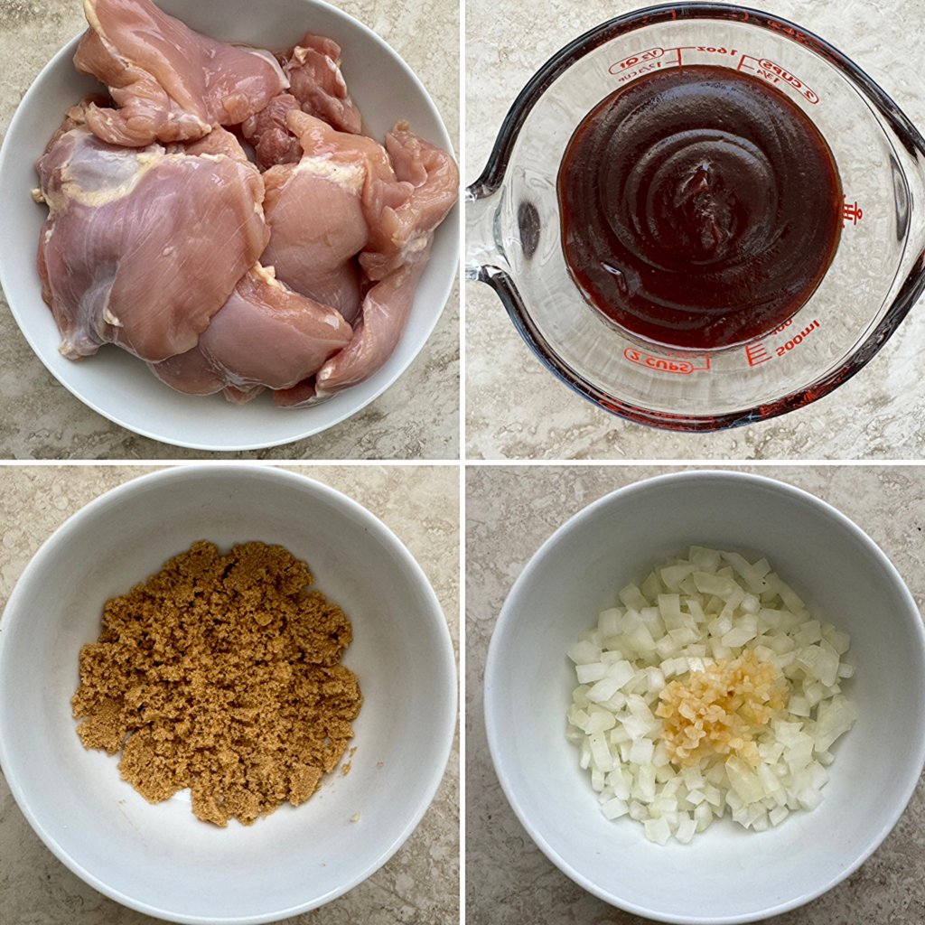 collage of ingredients for pulled chicken (stove-top)