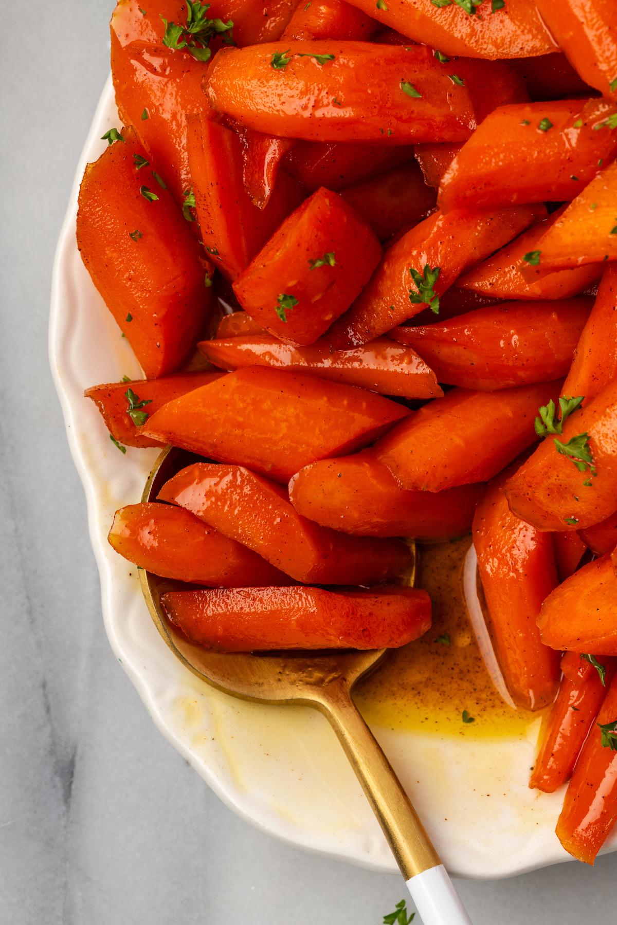 Overhead view of brown sugar glazed carrots on serving platter