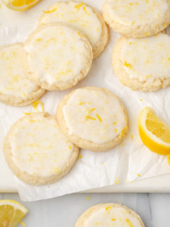 Overhead view of lemon cookies topped with lemon zest