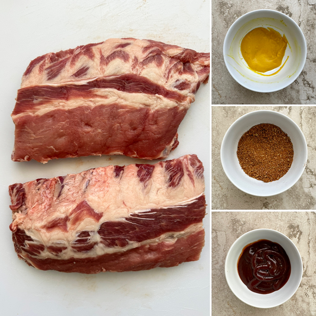 collage of ingredients for oven baby back ribs