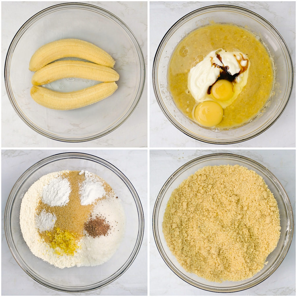 Mash the bananas, add the wet ingredients, and mix the dry