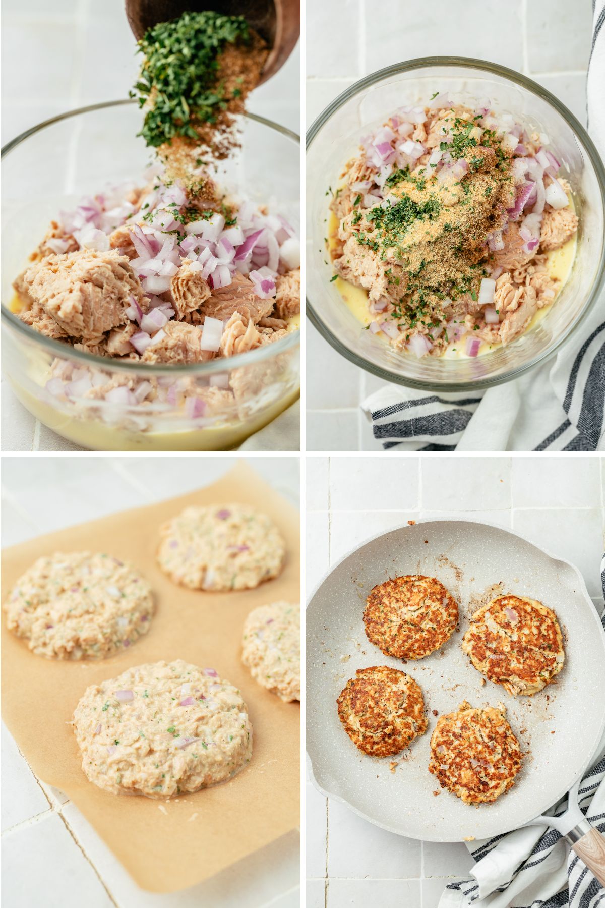 a photo collage showing how to make salmon burger patties by mixing canned salmon, spices, and onions in a bowl, forming the patties, and sautéing the patties in a skillet