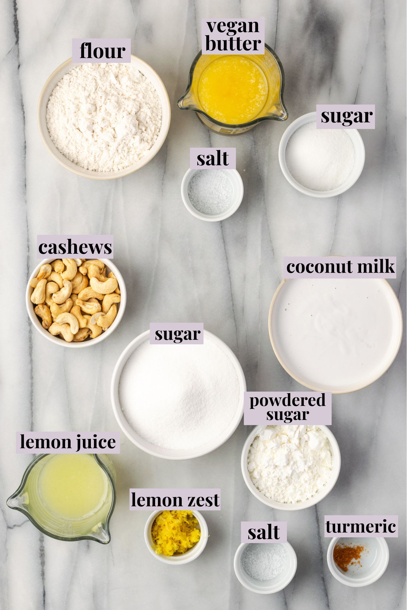 Overhead view of ingredients for lemon bars with labels