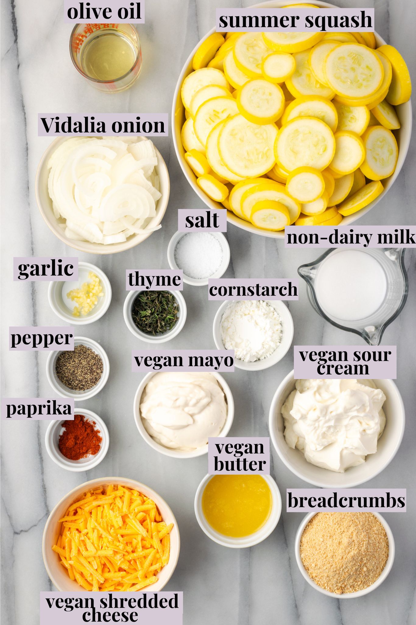 Overhead view of ingredients for squash casserole