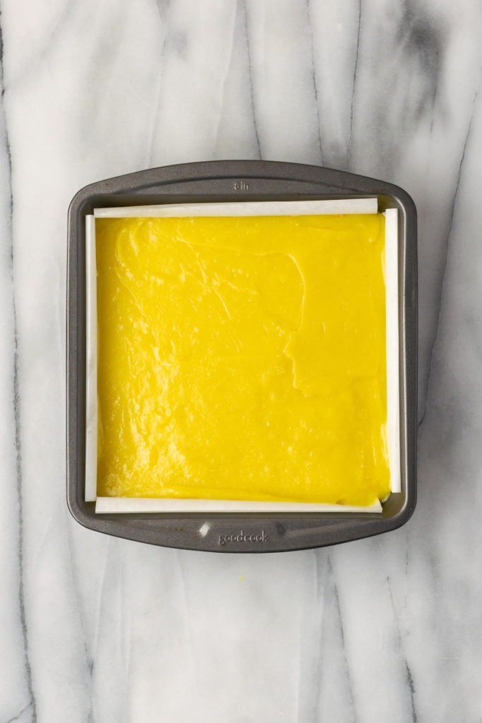 Overhead view of lemon bars in baking dish