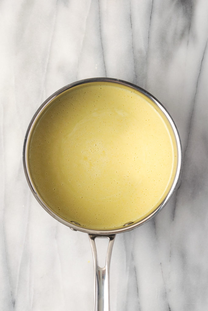 Overhead view of filling for vegan lemon bars before cooking